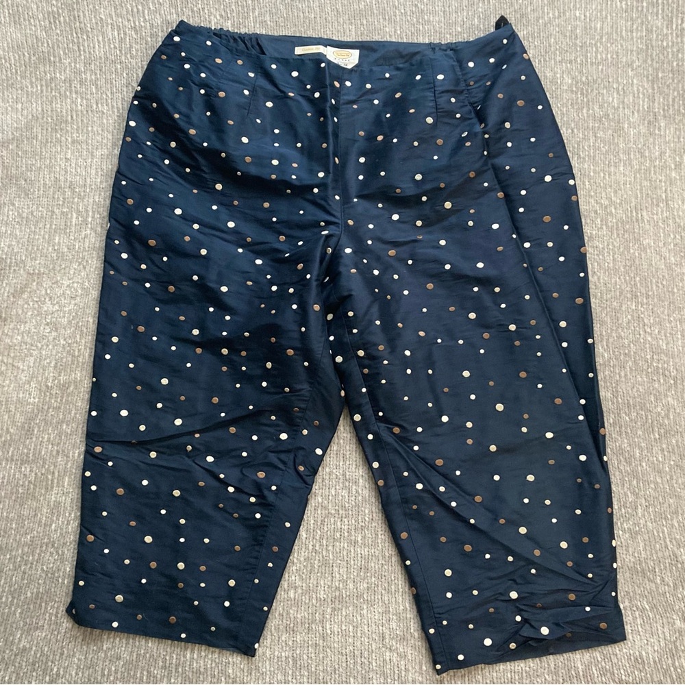 Talbot's 100% Pure Silk Navy‎ Pants Size 24W Metallic Polka Dots Evening Holiday